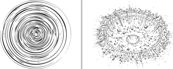 A black and white vector set featuring a high-speed hypnotic vortex alongside a detailed aerial view of a massive impact crater with flying debris and radiating shockwaves. © Nur