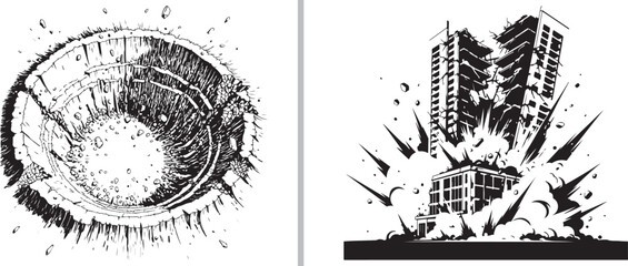 Black and white vector art featuring a massive impact crater next to a skyscraper collapsing from a powerful explosion. © Nur