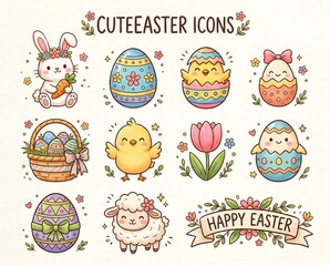 Easter Traditional Food and Desserts Set with Cakes, Hot Cross Buns, Chocolate Bunnies and Eggs in Flat Illustration Style