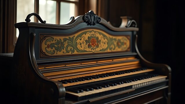 harpsichord. Side view of an antique harpsichord with ornate painted soundboard and floral motifs. event programs, museum guides, designed for cultural heritage projects and event programs.