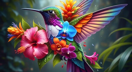 Fototapeta premium A vibrant, colorful hummingbird with a floral design, set against a blurred green background.