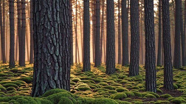 Golden hour pine forest with moss sunlight filtering through tall pines, thick moss carpet undulating across ground, ranger on patrol, forager noting lichen, peaceful trekking scene warm amber tones,