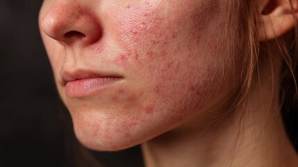 acne on woman face with rash skin, scar, and red skin syndrome allergic to cosmetics, use steroids, dermatology, inflammation, infection, hygiene