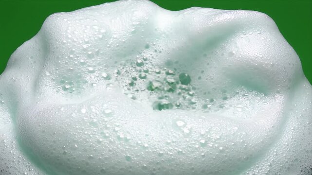 Macro Extreme Close Up Of White Toothpaste Foam Bubbles Expanding And Thinning Against Green Background In Studio