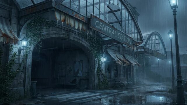 A desolate central station building decays under pouring rain at night, lit by streetlights reflecting on the wet ground