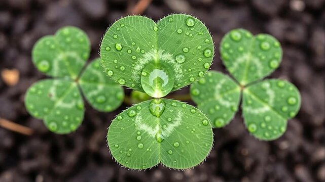 Fresh vibrant green four-leaf clover covered in glistening dew drops against a dark earthy background, symbolizing luck.