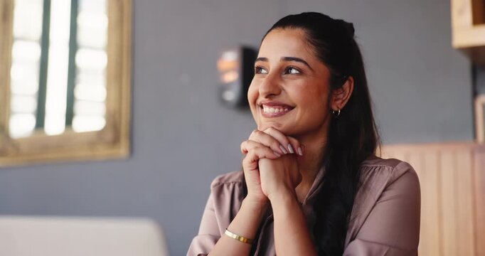 Business, woman and reading with laptop in office for research, editor feedback and article post. Thinking, female person and proofreading with pc, draft submission and information for publication