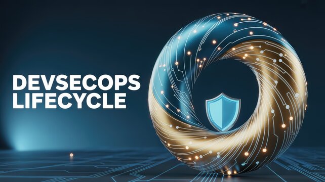 DevSecOps lifecycle depicted by a glowing circuit ring and security shield in a digital space