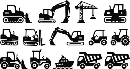 Black Flat Silhouette Construction Vehicle Icons Set Featuring Excavators Bulldozers Cranes Dump Trucks Forklifts and Industrial Machinery Symbols Isolated on White Background for Engineering Design © Abida