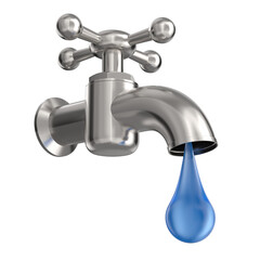 Water tap and droplet on white background. Isolated 3D illustration
