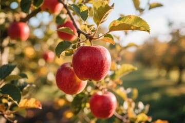 Ripe red apples hanging on a tree branch in an orchard during autumn