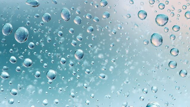 Clear water droplets on blue glass with a soft abstract reflection pattern