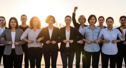 Obraz premium A group of diverse women standing together, raising their fists in solidarity, against a backdrop of a city skyline during sunset.