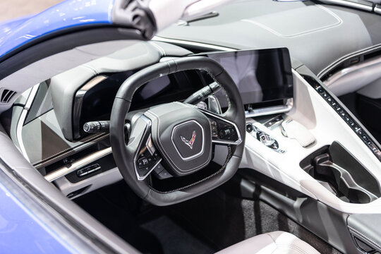 New York City, USA - March 27, 2024: Auto Show 2024. 2020 Chevrolet Corvette C8 sportscar. Chevrolet Corvette C8 sports car. Chevrolet Corvette C8 luxury coupe. Blue color Chevy, interior view.