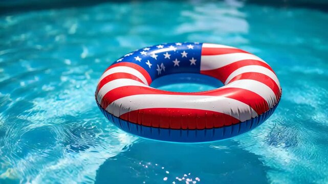 Inflatable ring with American flag pattern floats in clear blue swimming pool water