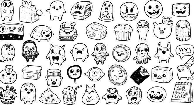 Quirky Hand-Drawn Doodle Monsters and Kawaii Cartoon Characters Set. Funny Black and White Illustrations of Cute Food, Objects, and Creature Doodles.