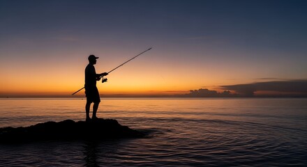 Silhouette of a fisherman casting a line at sunset over calm ocean waters