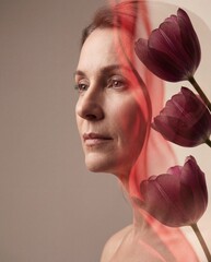 Mature woman with tulips combined in serene artistic portrait  