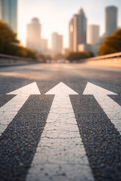 Three painted arrows on asphalt lead towards a city background