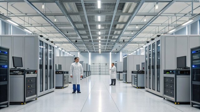 A modern data center with rows of server racks and two technicians in white lab coats inspecting equipment.