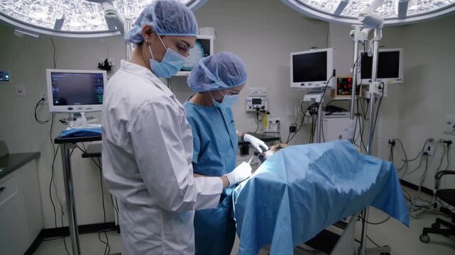 veterinary surgeon and nurse prepping patient under surgical lamp; anesthetist monitors vital signs on screens