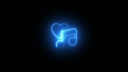 Glowing blue neon heart and eighth note music symbol on black background music note