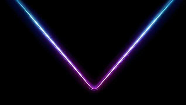 Minimalist single neon V line in glowing violet and blue shades against solid black canvas offers clean modern aesthetic for digital logos and high tech interface design elements and displays