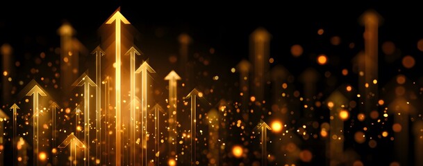 Obraz premium Golden arrows ascend over glowing bokeh lights representing financial growth and business success with dark background dynamic abstract futuristic financial concept