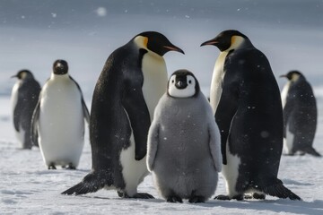 Obraz premium Group of emperor penguins with a chick standing on snowy terrain in Antarctica