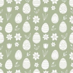 Happy Easter seamless pattern with doodle eggs and spring flowers on green background. Holiday illustration for greeting card design or wrapping paper.
