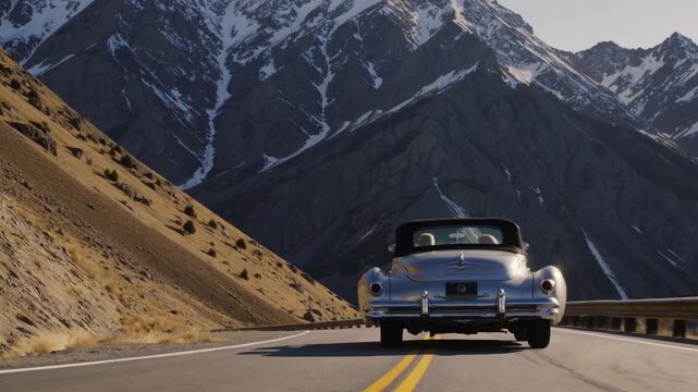 Classic car driving mountain road, vintage coupe cruising winding asphalt toward snow-capped peaks, golden grass slopes framing scene, low-angle frontal shot highlighting chrome grille and headlights,