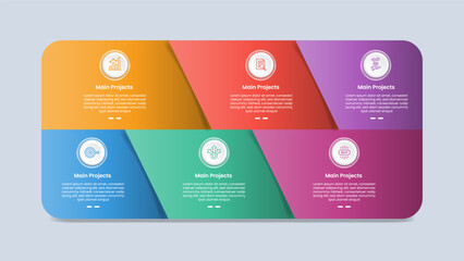 6 points infographic with glossy gradient style with big round box container with skew divider inside with six segment information