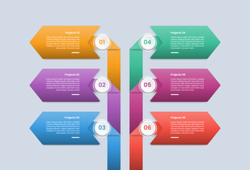 6 points infographic with glossy gradient style with big arrow box container line connection spreading left and right direction with six segment information