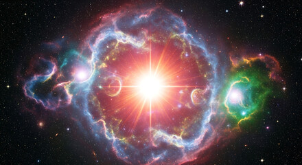 Obraz premium Vibrant Nebula Explodes in Space with Bright Star and Colorful Gas Clouds