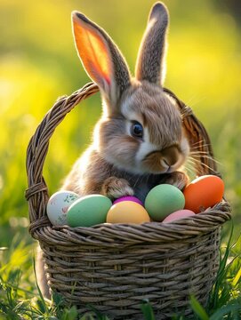 Cute easter bunny sitting in basket with colorful eggs in spring sunlight festive scene