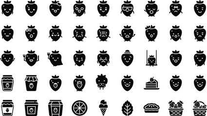 Set of cute strawberry character icons with various facial expressions and berry food items including jam jars, cake, pie, ice cream, and fruit basket © MDRAZIURRAHMAN