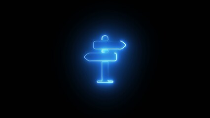 Neon blue signpost with two directional signs on black background © 10 YEARS