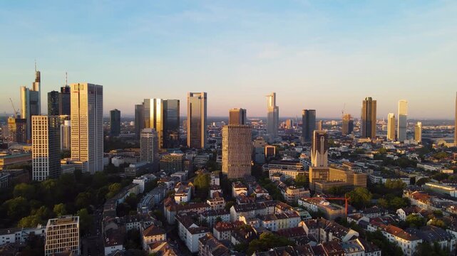 Drone Return Flight Over Frankfurt Skyline Germany