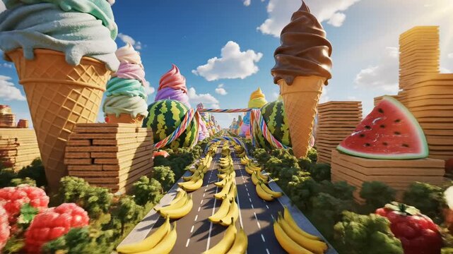 This whimsical scene features a banana-lined road, giant ice cream cones, piles of raspberries, and a huge watermelon under a bright blue sky &mdash; a fantastical sweetland come to life