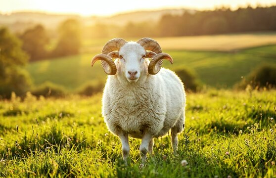 Majestic white ram with curled horns standing in a lush green meadow at golden hour