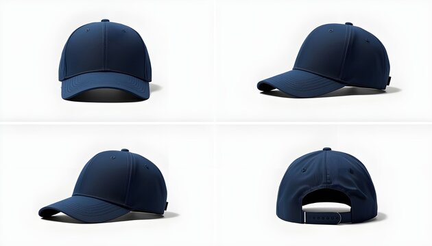 A navy blue baseball cap shown from multiple angles on a white background