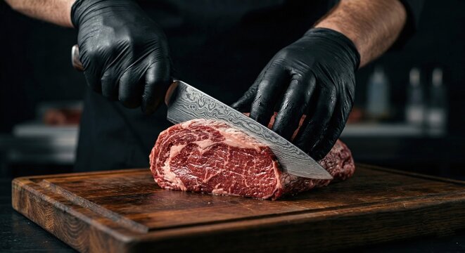 Professional chef wearing black gloves slicing premium raw beef with a damascus knife