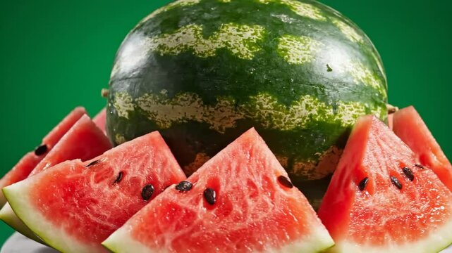 Ripe and juicy watermelon fruit with slices arranged in front of the whole melon on a vibrant green background