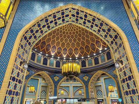 Famous Starbucks coffee shop under a majestic mosaic dome in the Persia Court of Ibn Battuta Mall, Dubai, UAE