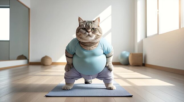 Cute chubby cat practicing yoga in a sunlit modern room