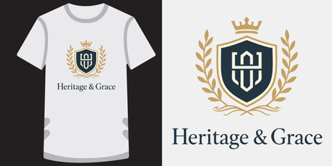 Elegant white tshirt design featuring a sophisticated heritage and grace crest logo with laurel wreath and crown emblem © md