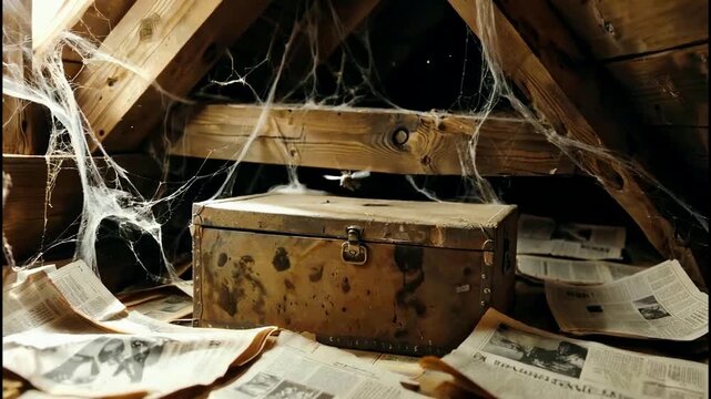 Old Trunk in Attic with Cobwebs and Newspapers.