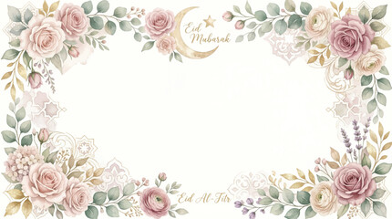 Dusty Pastel Floral Watercolor Eid Frame Romantic Islamic Border with Roses Eucalyptus for Invitations Greeting Cards and Wedding Style Stationery