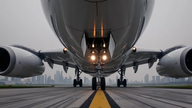 Headon jetliner approach with city skyline and runway centerline engines glowing, fuselage reflection on wet tarmac, low clouds, terminal silhouette in background, precision prelanding checks