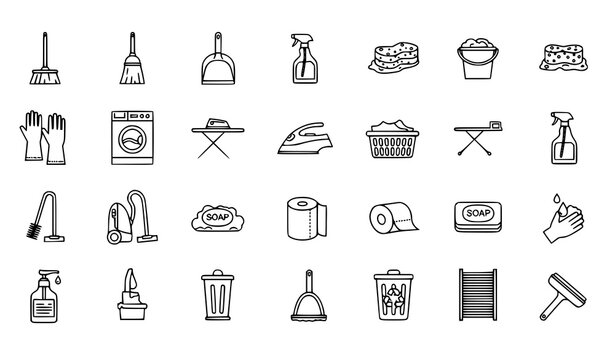 A set of black and white line art icons depicting various cleaning tools and household items